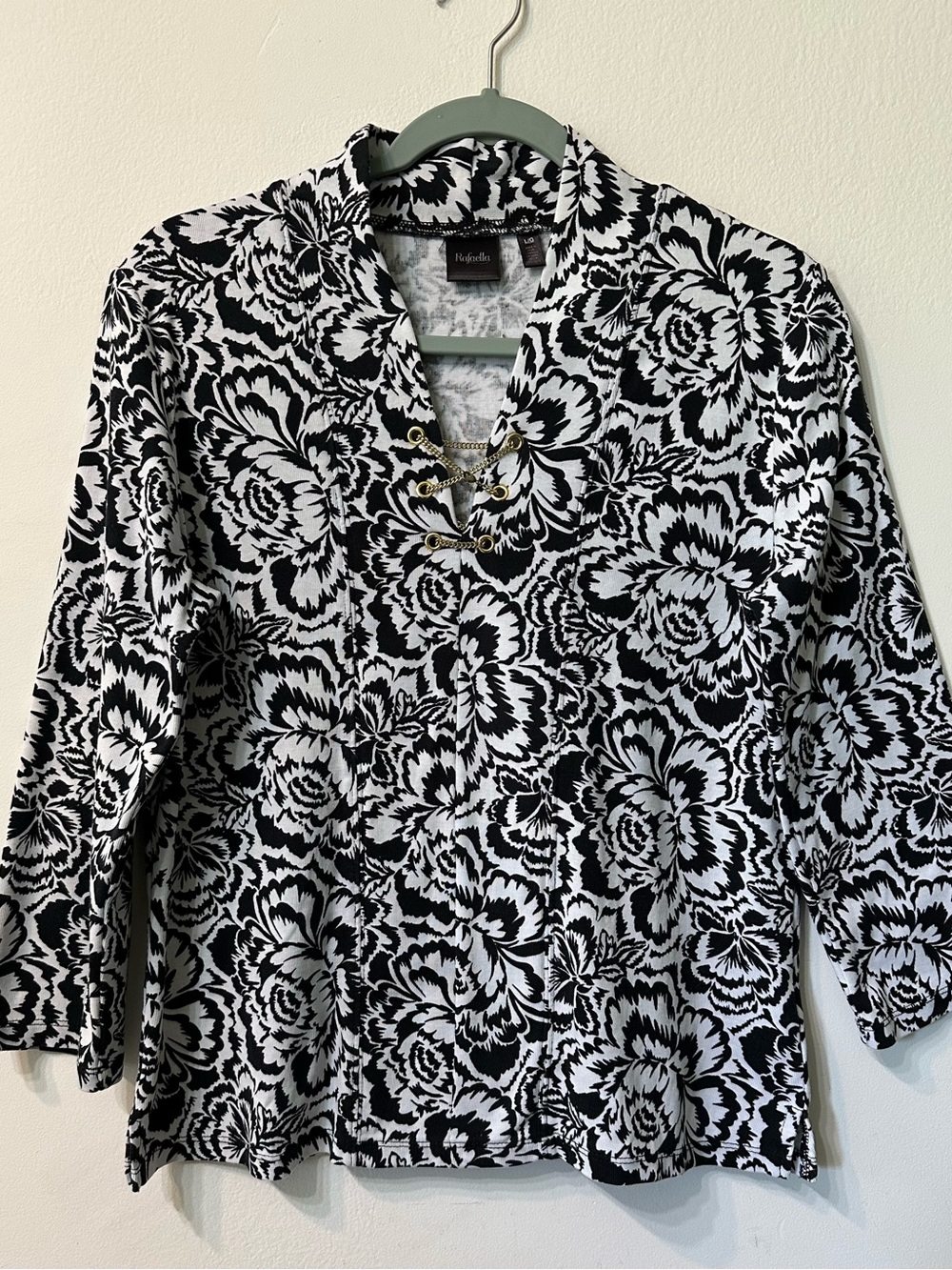 Rafaella Top Large L Black White Floral 100% Cotton Gold Chain Lace Up V-Neck